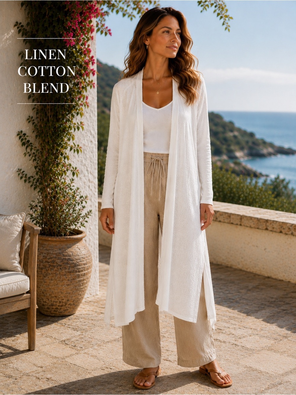 Eileen Fisher Organic Linen Cotton Blend Open Front Duster Cardigan White M